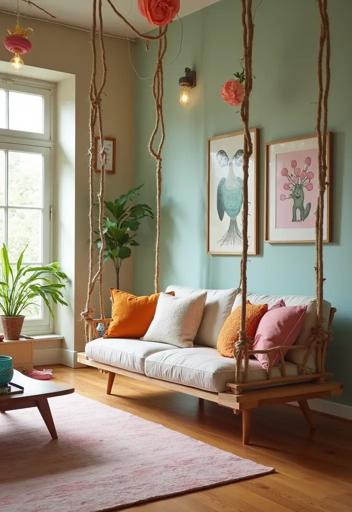 27 Built In Seating Living Room Ideas That Feel Smart and Cozy - 22. Stylish Built-In Swing Seats