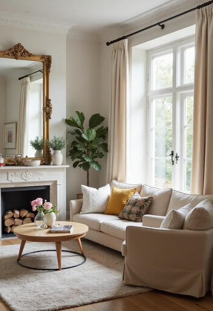 27 Cozy Country Living Room Ideas That Feel Inviting and Timeless - 12. Use of Mirrors