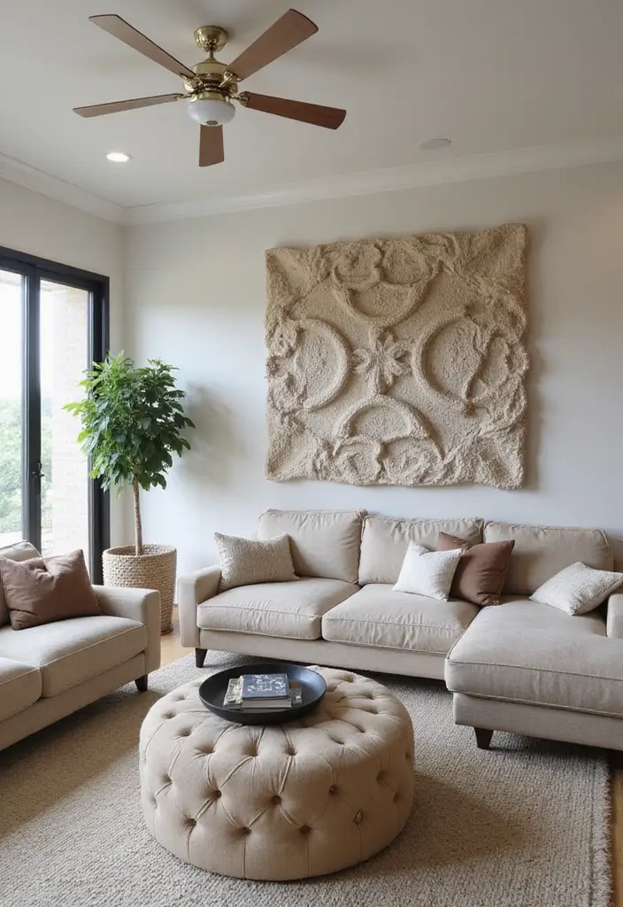 27 Double Wide Living Room Ideas That Feel Spacious and Comfortable - 23. Textured Wall Art