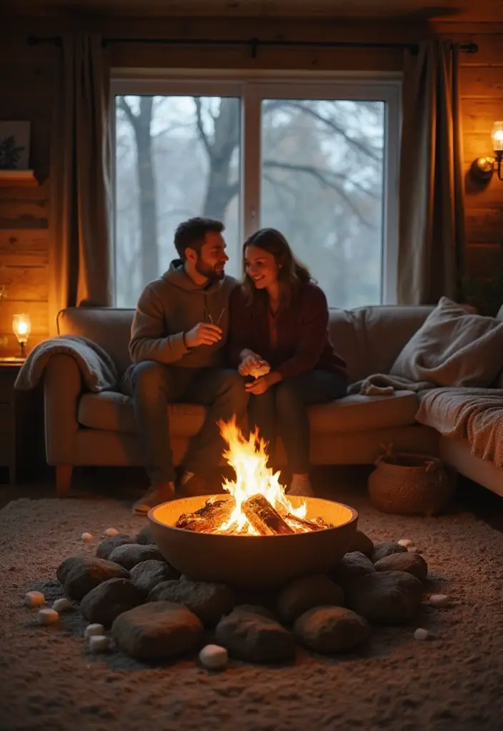 27 Living Room Date Night Ideas That Feel Romantic and Cozy - 21. Indoor Bonfire
