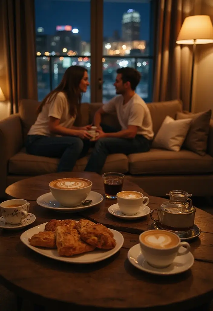27 Living Room Date Night Ideas That Feel Romantic and Cozy - 24. Morning Coffee Date (At Night)