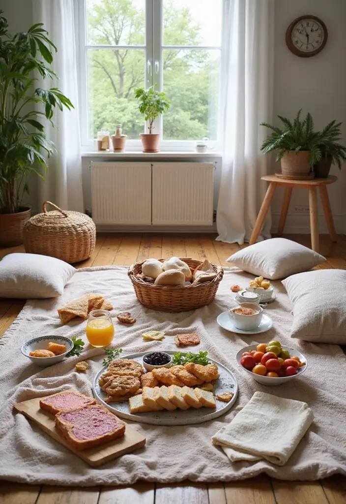 27 Living Room Date Night Ideas That Feel Romantic and Cozy - 6. Indoor Picnic Delight