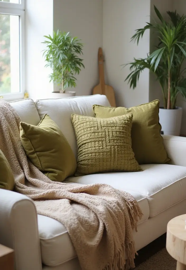 27 Living Room Olive Green Ideas That Feel Earthy and Peaceful - 1. Earthy Textured Fabrics