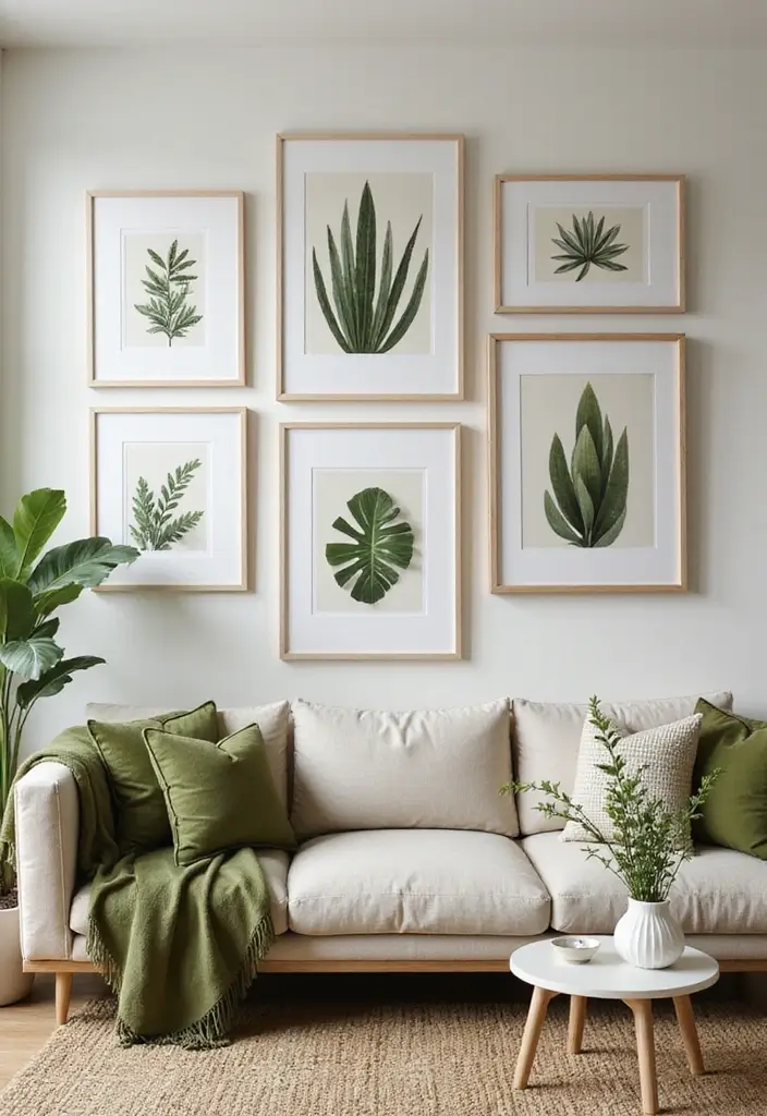 27 Living Room Olive Green Ideas That Feel Earthy and Peaceful - 10. Nature-Inspired Artwork