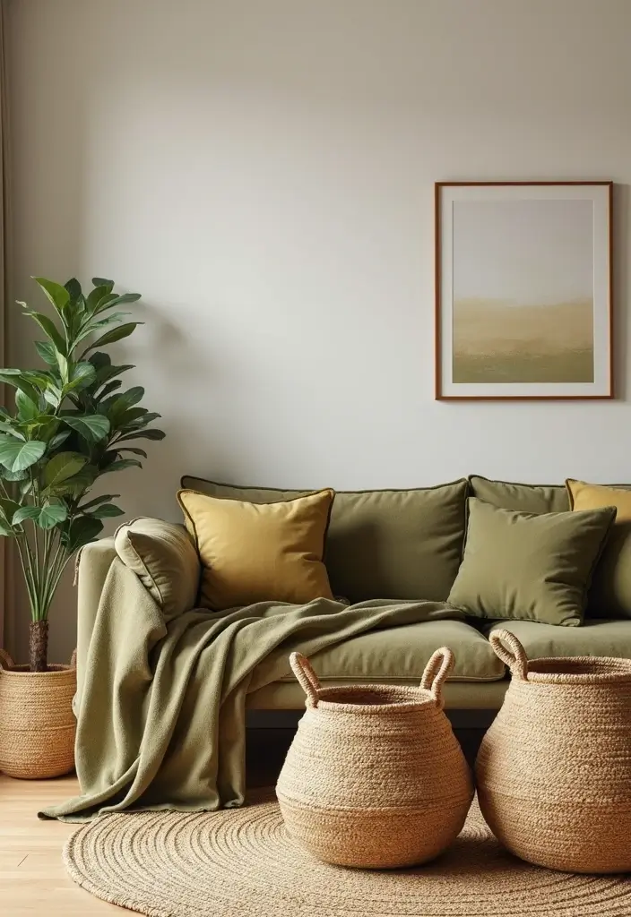 27 Living Room Olive Green Ideas That Feel Earthy and Peaceful - 11. Woven Baskets for Storage