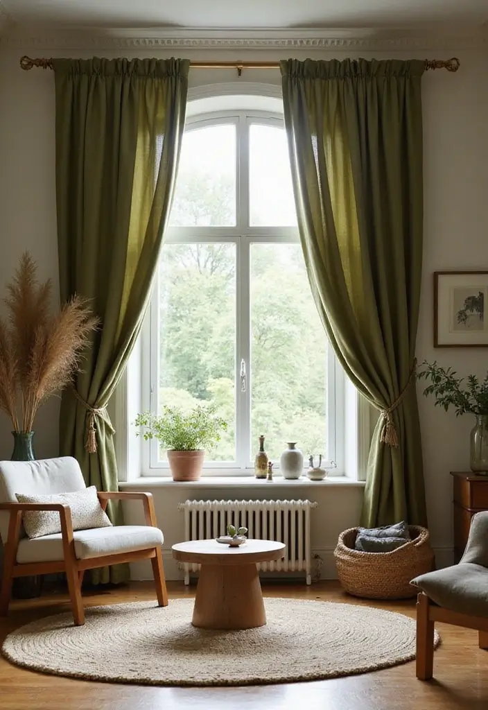 27 Living Room Olive Green Ideas That Feel Earthy and Peaceful - 12. Olive Green Curtains