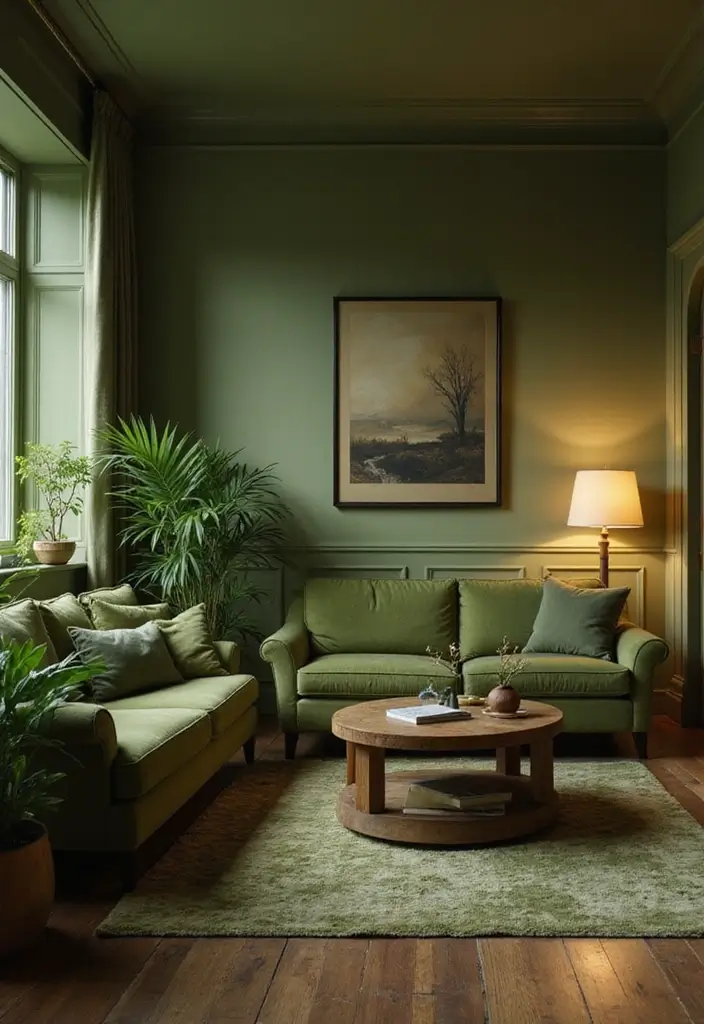 27 Living Room Olive Green Ideas That Feel Earthy and Peaceful - 13. Layered Lighting with Green Tones