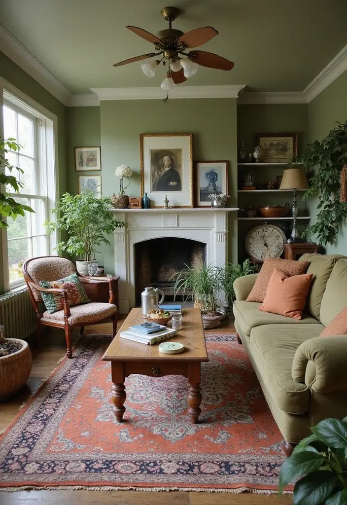 27 Living Room Olive Green Ideas That Feel Earthy and Peaceful - 15. Vintage Finds with Olive Green