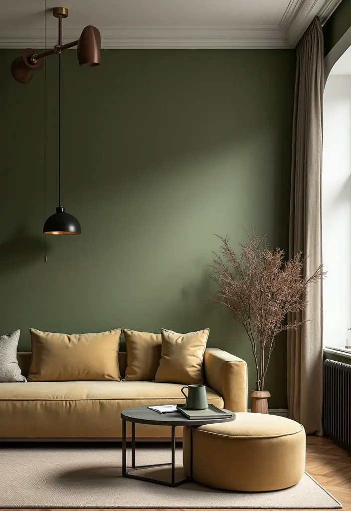 27 Living Room Olive Green Ideas That Feel Earthy and Peaceful - 17. Incorporating Metal Accents