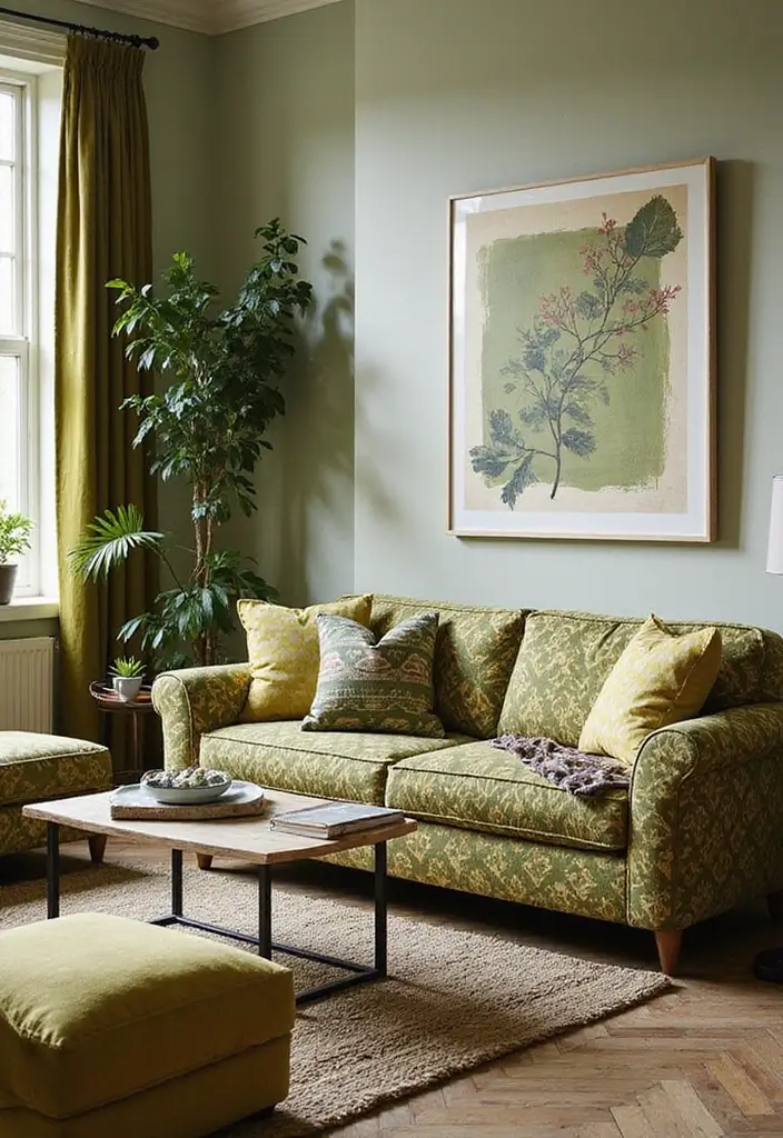 27 Living Room Olive Green Ideas That Feel Earthy and Peaceful - 18. Play with Patterns