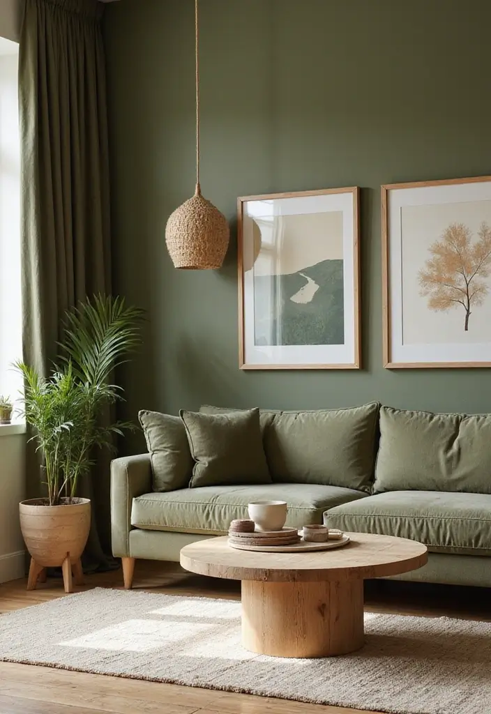 27 Living Room Olive Green Ideas That Feel Earthy and Peaceful - 19. Sustainable Materials Everywhere