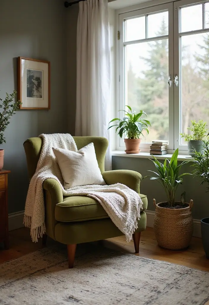27 Living Room Olive Green Ideas That Feel Earthy and Peaceful - 20. Cozy Nooks with Olive Green