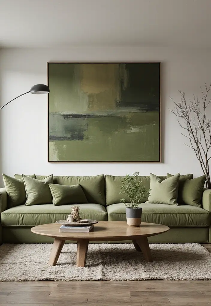 27 Living Room Olive Green Ideas That Feel Earthy and Peaceful - 21. Modern Art Pieces