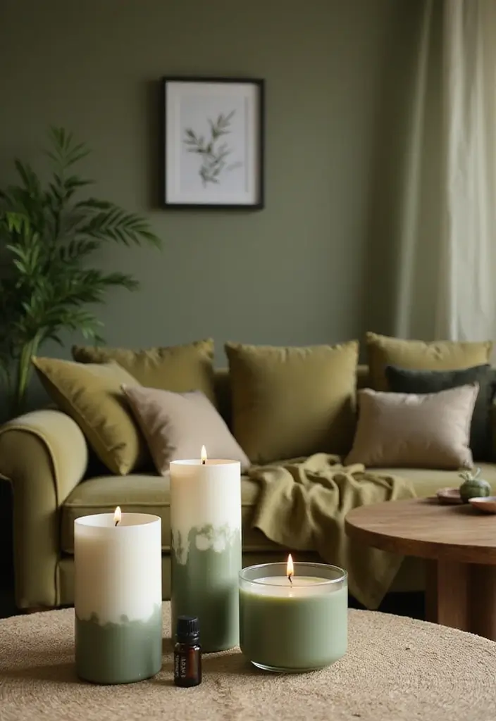 27 Living Room Olive Green Ideas That Feel Earthy and Peaceful - 22. Relaxing Scents