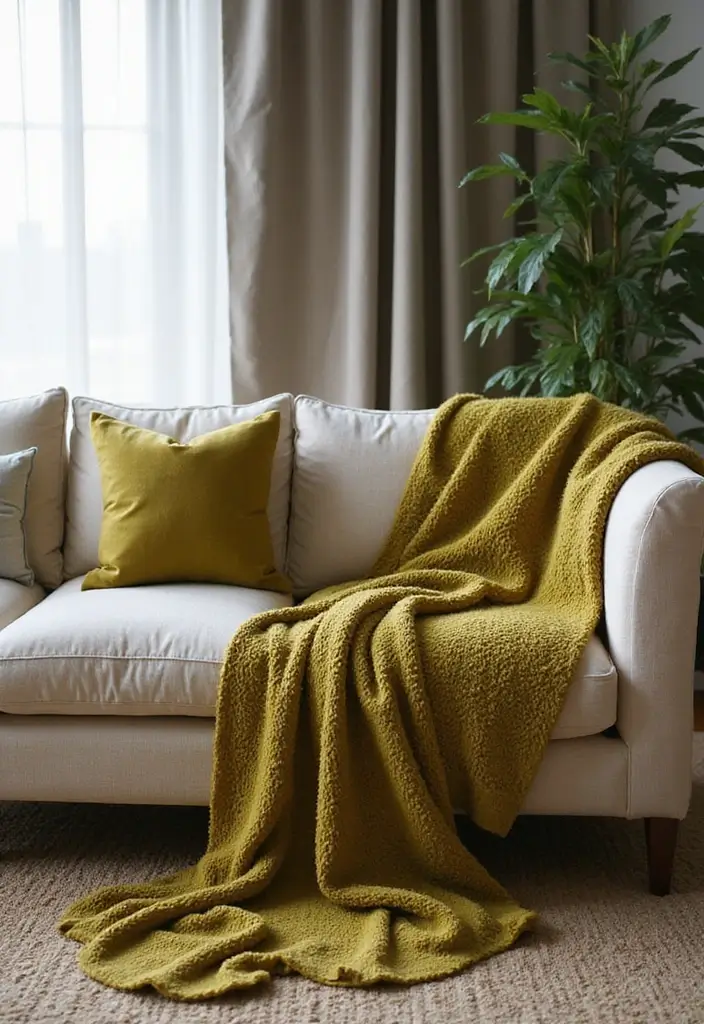 27 Living Room Olive Green Ideas That Feel Earthy and Peaceful - 24. Olive Green Throw Blankets