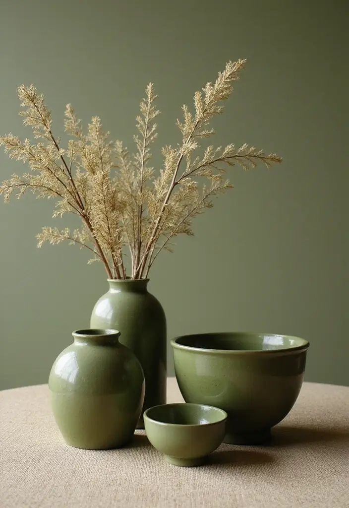 27 Living Room Olive Green Ideas That Feel Earthy and Peaceful - 25. Olive Green Decorative Accents