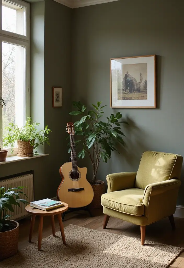 27 Living Room Olive Green Ideas That Feel Earthy and Peaceful - 26. Relaxing Music Corner