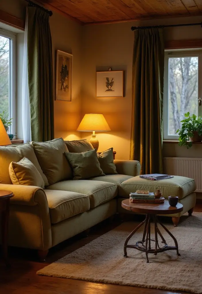 27 Living Room Olive Green Ideas That Feel Earthy and Peaceful - 9. Cozy Lighting Choices