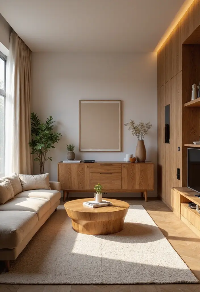 27 Modern Apartment Living Room Ideas That Feel Sleek and Compact - 12. Warm Wood Accents