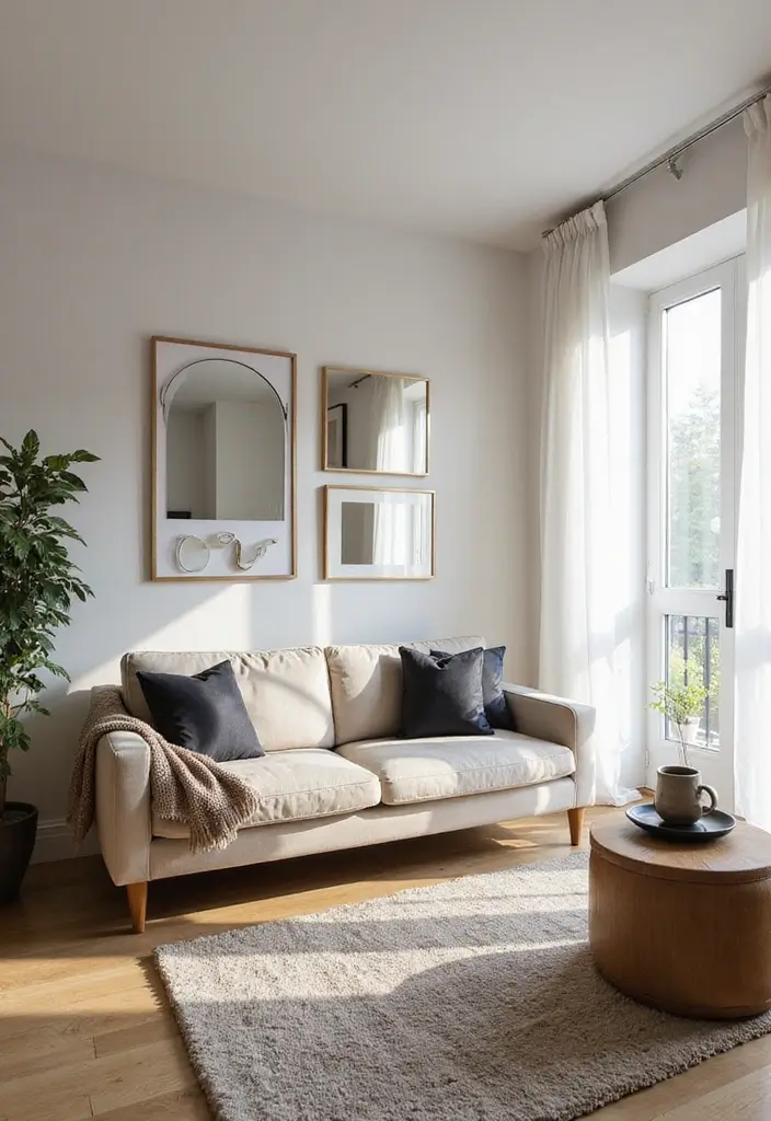 27 Modern Apartment Living Room Ideas That Feel Sleek and Compact - 14. Creative Use of Mirrors