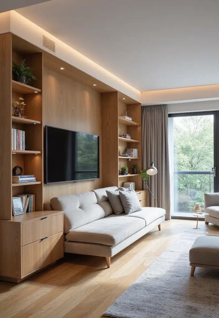 27 Modern Apartment Living Room Ideas That Feel Sleek and Compact - 15. Built-in Furniture Solutions