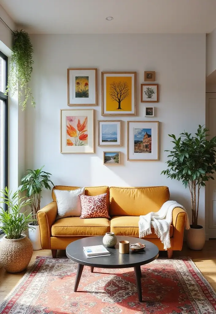 27 Modern Apartment Living Room Ideas That Feel Sleek and Compact - 17. Creative Wall Decor