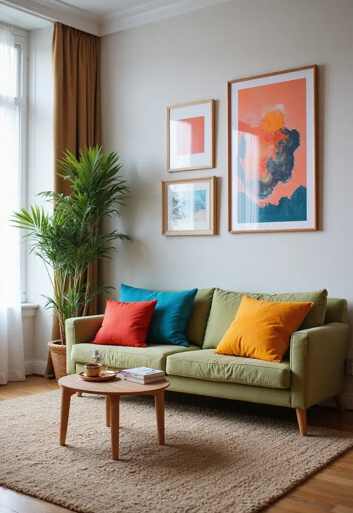 27 Modern Apartment Living Room Ideas That Feel Sleek and Compact - 23. Pop of Color with Accessories