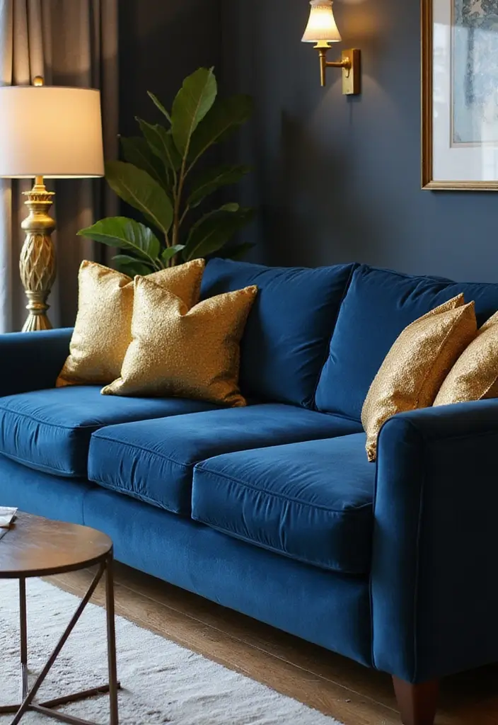 27 Navy Blue and Gold Living Room Ideas That Feel Rich and Modern - 1. Navy Blue Velvet Sofa