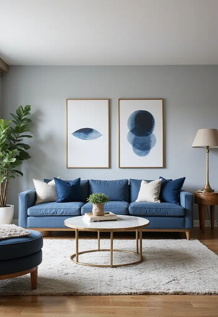 27 Navy Blue and Gold Living Room Ideas That Feel Rich and Modern - 10. Modern Navy Blue Art Prints