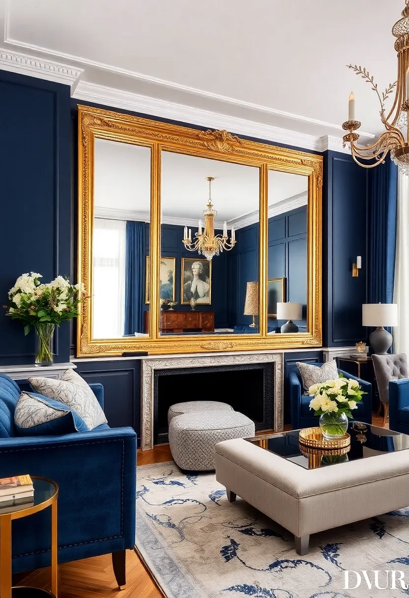 27 Navy Blue and Gold Living Room Ideas That Feel Rich and Modern - 11. Gold Framed Mirrors