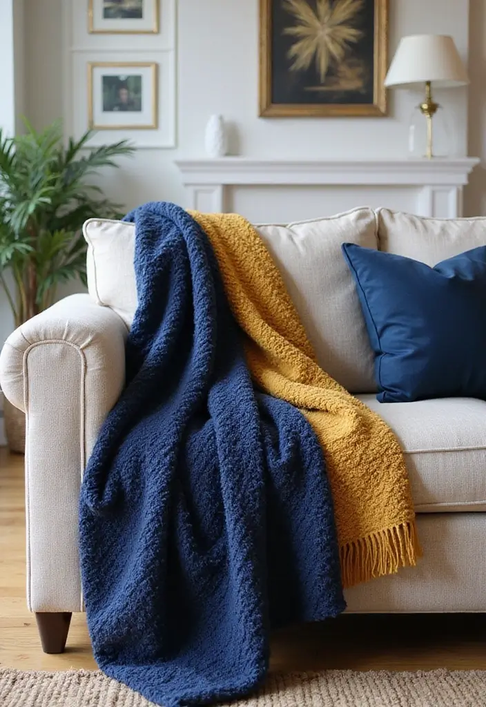 27 Navy Blue and Gold Living Room Ideas That Feel Rich and Modern - 12. Gold and Navy Textured Throws