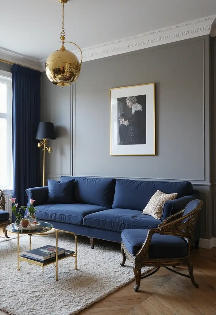 27 Navy Blue and Gold Living Room Ideas That Feel Rich and Modern - 13. Gold Accent Chairs