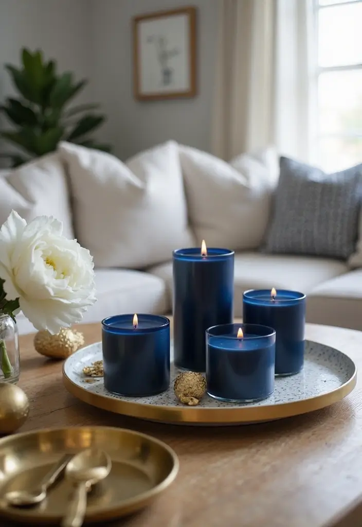 27 Navy Blue and Gold Living Room Ideas That Feel Rich and Modern - 14. Navy Blue Pillar Candles