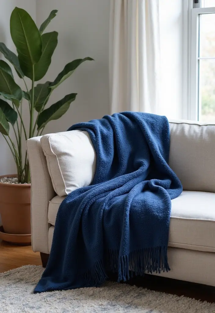 27 Navy Blue and Gold Living Room Ideas That Feel Rich and Modern - 16. Navy Blue Throw Blankets