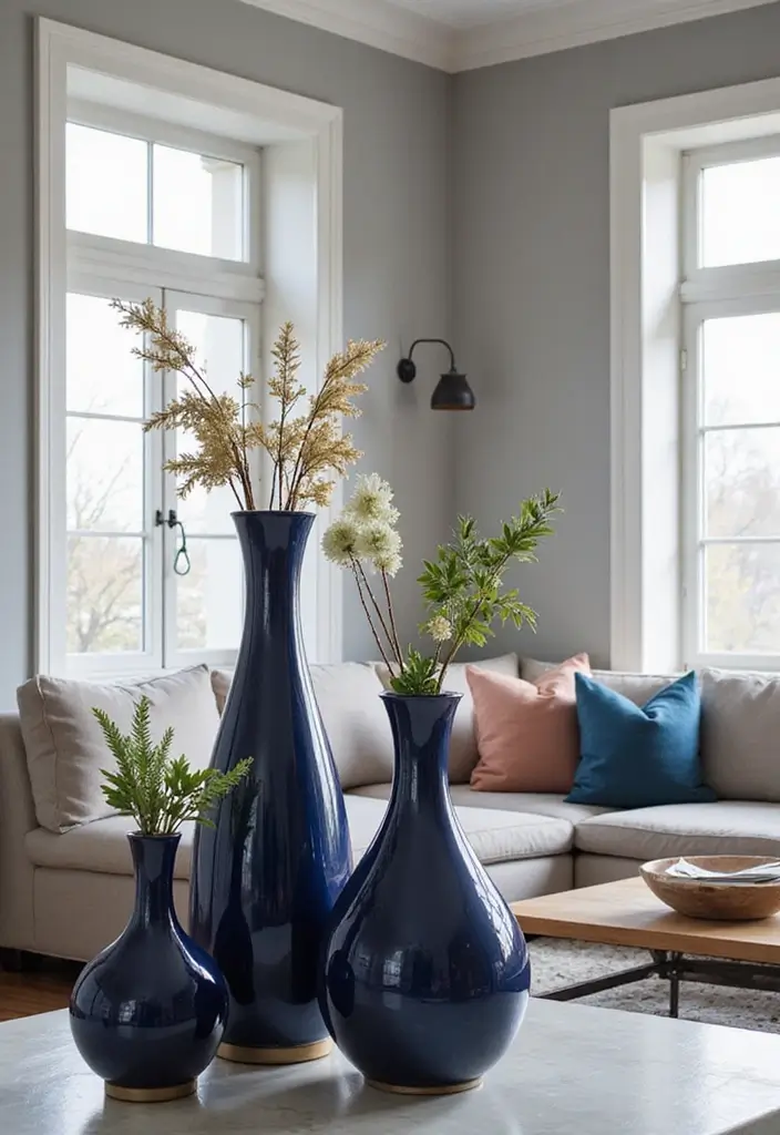 27 Navy Blue and Gold Living Room Ideas That Feel Rich and Modern - 17. Navy Blue Decorative Vases