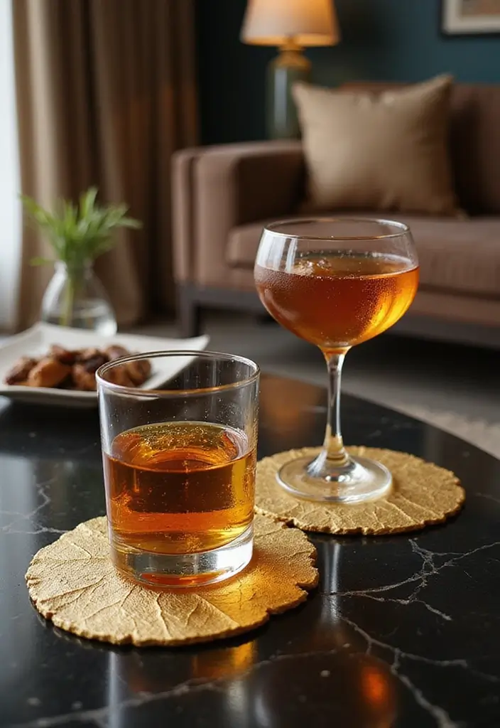 27 Navy Blue and Gold Living Room Ideas That Feel Rich and Modern - 18. Gold Leaf Coasters