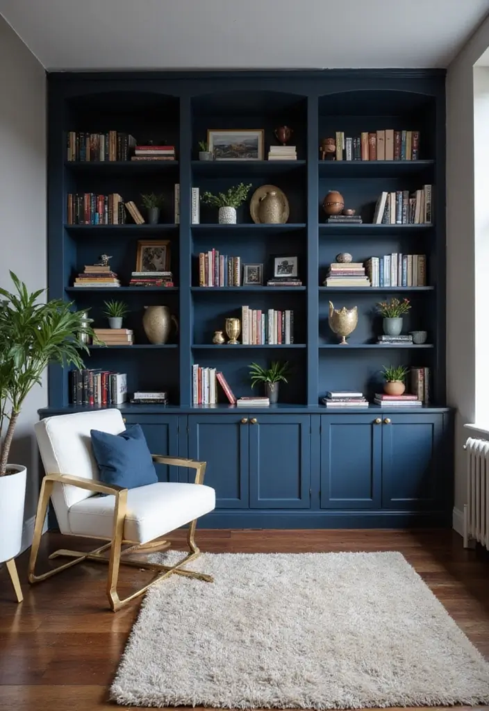 27 Navy Blue and Gold Living Room Ideas That Feel Rich and Modern - 19. Navy Blue Bookshelves