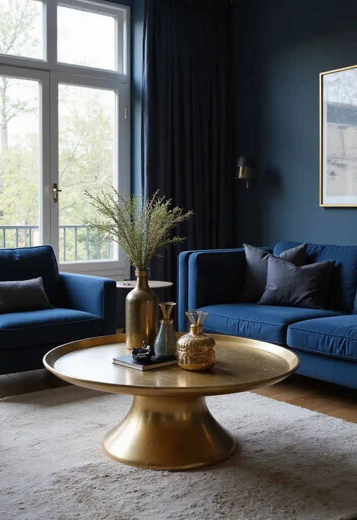 27 Navy Blue and Gold Living Room Ideas That Feel Rich and Modern - 2. Gold Accented Coffee Table