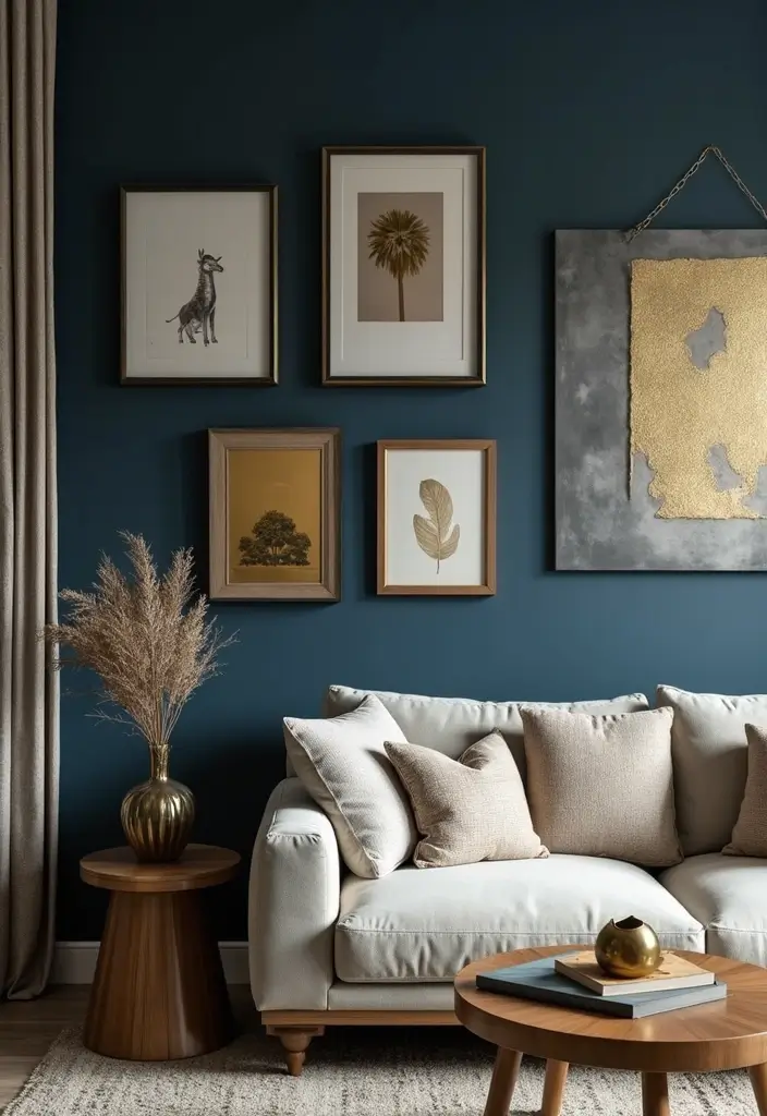 27 Navy Blue and Gold Living Room Ideas That Feel Rich and Modern - 22. Gold Wall Decor