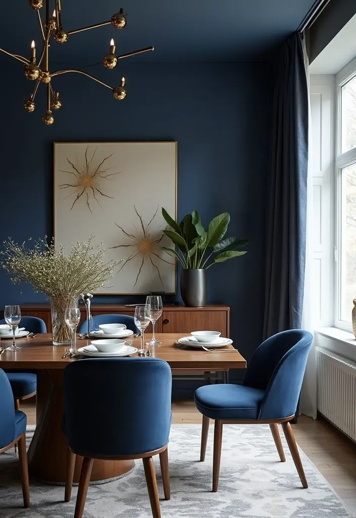 27 Navy Blue and Gold Living Room Ideas That Feel Rich and Modern - 23. Navy Blue and Gold Dining Area