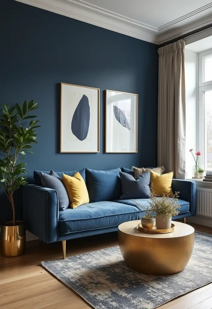 27 Navy Blue and Gold Living Room Ideas That Feel Rich and Modern - 24. Gold Accent Decor