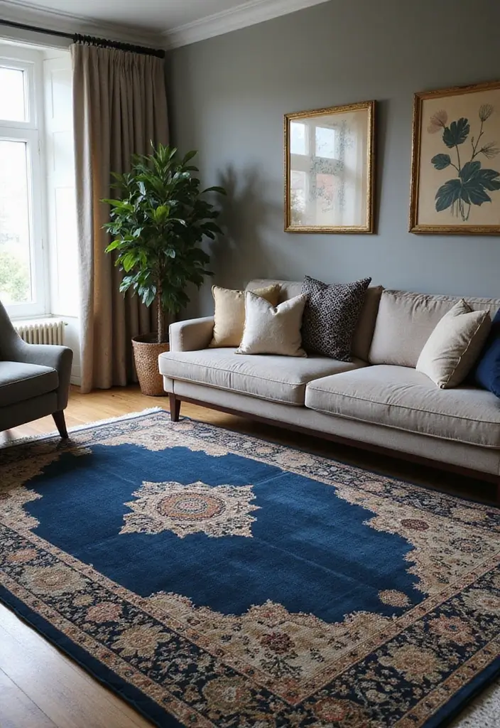 27 Navy Blue and Gold Living Room Ideas That Feel Rich and Modern - 25. Navy Blue and Gold Themed Throw Rugs