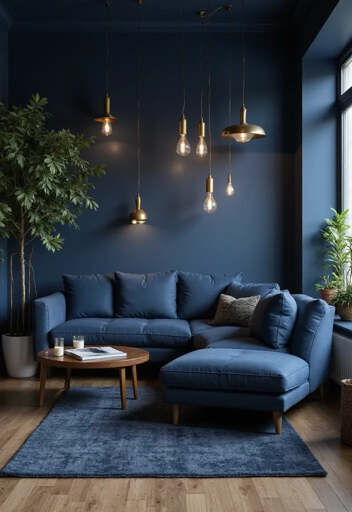 27 Navy Blue and Gold Living Room Ideas That Feel Rich and Modern - 26. Gold Accent Lighting