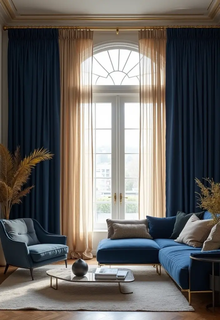 27 Navy Blue and Gold Living Room Ideas That Feel Rich and Modern - 5. Navy Blue Curtains