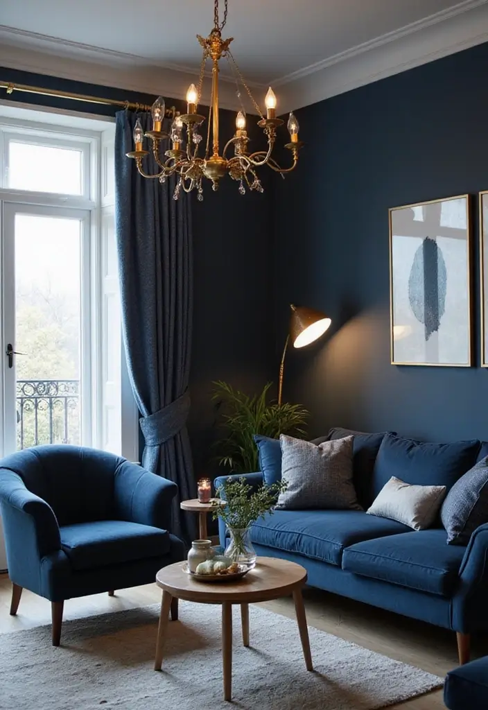 27 Navy Blue and Gold Living Room Ideas That Feel Rich and Modern - 6. Statement Gold Lighting Fixtures