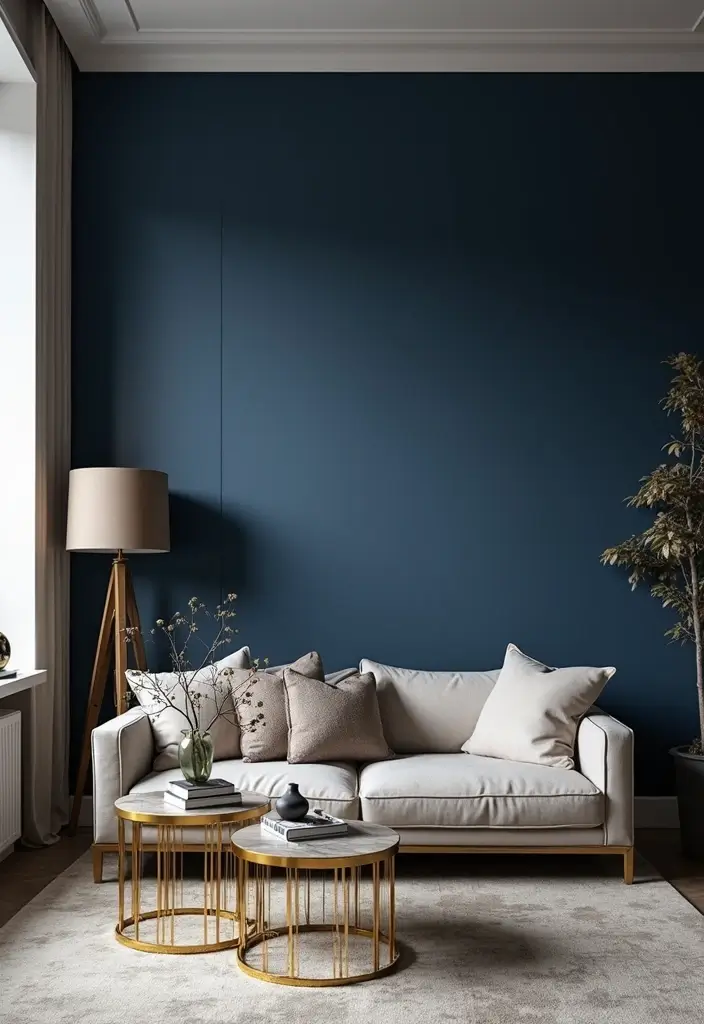 27 Navy Blue and Gold Living Room Ideas That Feel Rich and Modern - 7. Navy Blue Accent Wall