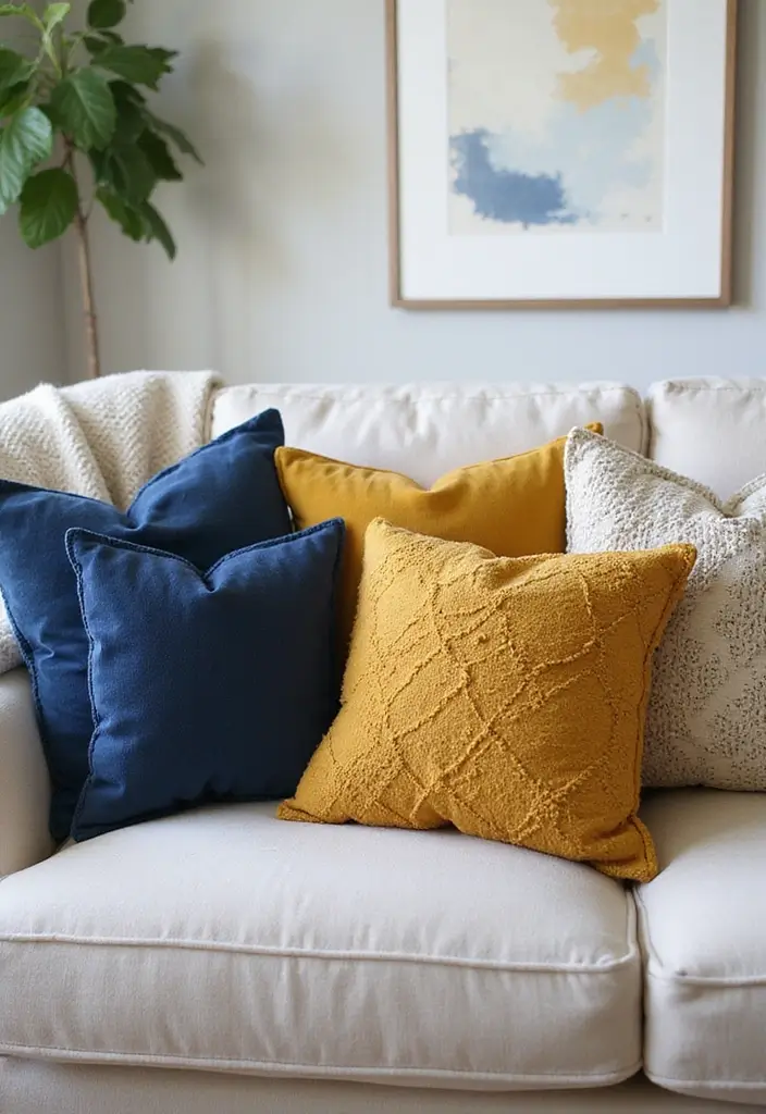 27 Navy Blue and Gold Living Room Ideas That Feel Rich and Modern - 8. Gold and Navy Throw Pillows