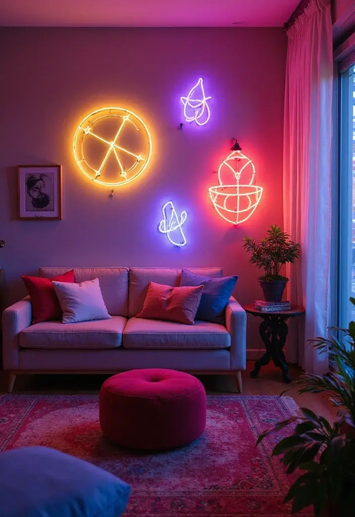 27 Neon Living Room Aesthetic Ideas That Feel Bold and Trendy - 14. Neon Wall Decals