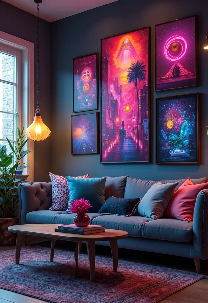 27 Neon Living Room Aesthetic Ideas That Feel Bold and Trendy - 16. Neon Inspired Art