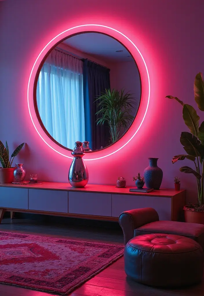 27 Neon Living Room Aesthetic Ideas That Feel Bold and Trendy - 17. Neon Mirrors